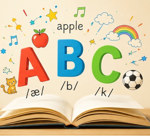 アルファベットと発音記号、絵本でフォニックスを学ぶ様子のイメージイラスト