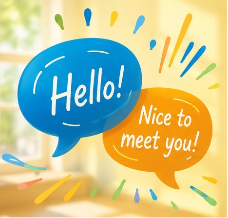 「Hello! Nice to meet you!」と話しかけ合う吹き出しのイメージイラスト